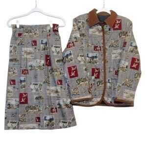 Pendleton chore barn hunting dogs reversible jacket and skirt green red brown S